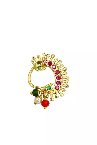 Gold plated stone studded peacock clip on nosepin