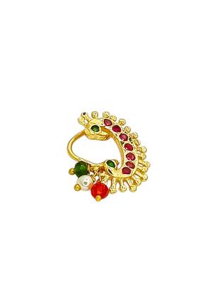 Gold plated stone studded peacock clip on nosepin 3