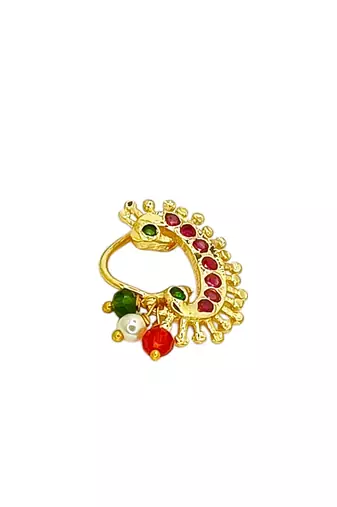 Gold plated stone studded peacock clip on nosepin