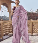 Lavender fancy organza party wear saree with blouse fabric 