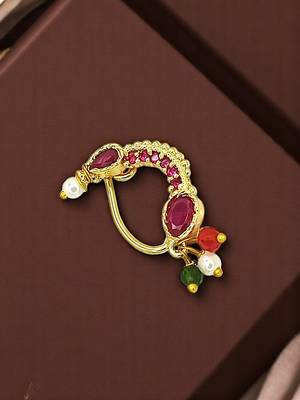 Gold plated pink stone studded clip on nosepin 1