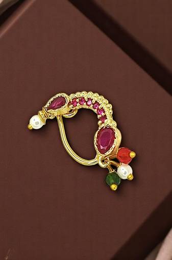 Gold plated pink stone studded clip on nosepin
