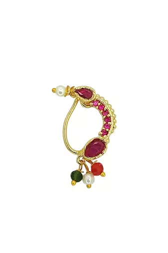 Gold plated pink stone studded clip on nosepin