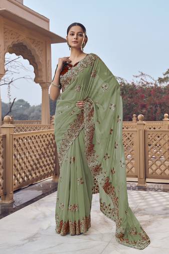 Dusty green fancy organza party wear saree with blouse fabric 