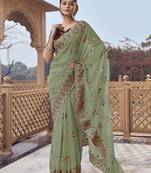 Dusty green fancy organza party wear saree with blouse fabric 