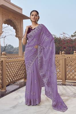 Purple fancy organza party wear saree with blouse fabric  1