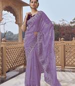Purple fancy organza party wear saree with blouse fabric 