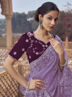 Purple fancy organza party wear saree with blouse fabric  2