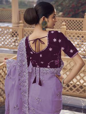 Purple fancy organza party wear saree with blouse fabric  3