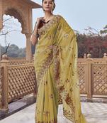 Yellow fancy organza party wear saree with blouse fabric 