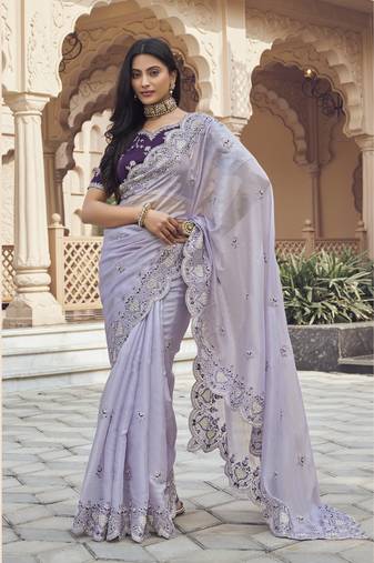 Light purple silk party wear saree with blouse fabric 