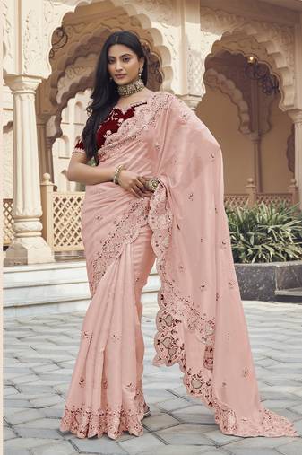 Light peach silk party wear saree with blouse fabric 