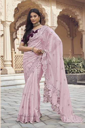 Light pink silk party wear saree with blouse fabric 