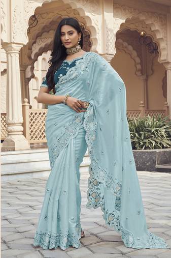 Sky green silk party wear saree with blouse fabric 