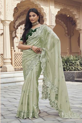 Pista art silk saree with blouse fabric