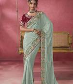 Sea green ice georgette party wear saree with blouse fabric 