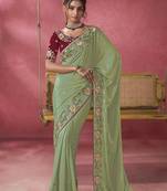 Green ice georgette party wear saree with blouse fabric 