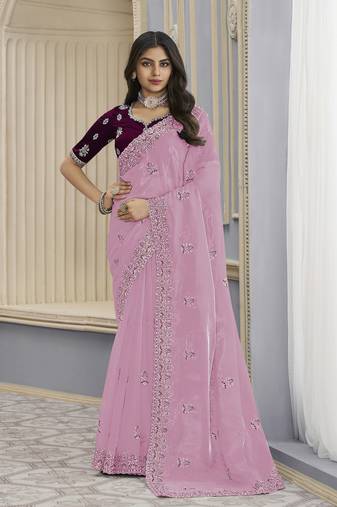 Pink crystal organza party wear saree with blouse fabric 