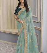 Sea green crush party wear saree with blouse fabric 