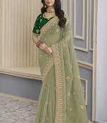 Pista crush party wear saree with blouse fabric 
