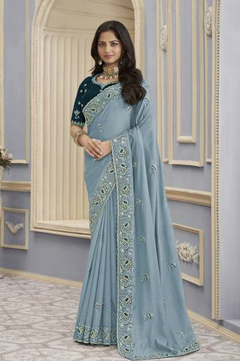 Dusty sky georgette party wear saree with blouse fabric 
