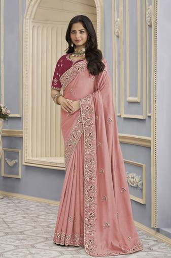 Pink georgette party wear saree with blouse fabric 