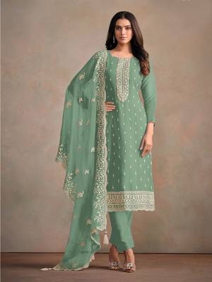 Green embroidered sequins resham zari work organza salwar kameez 1
