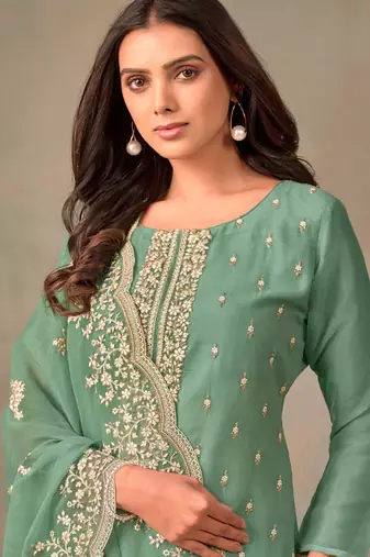 Green embroidered sequins resham zari work organza salwar kameez