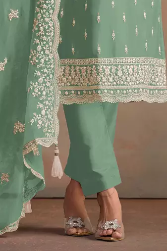 Green embroidered sequins resham zari work organza salwar kameez