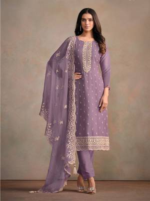 Purple embroidered sequins resham zari work organza salwar kameez 1