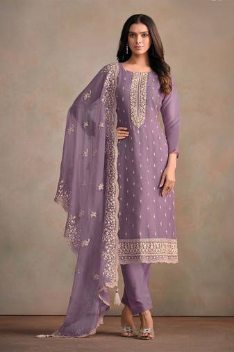 Purple embroidered sequins resham zari work organza salwar kameez