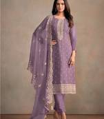 Purple embroidered sequins resham zari work organza salwar kameez