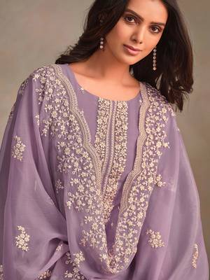 Purple embroidered sequins resham zari work organza salwar kameez 2