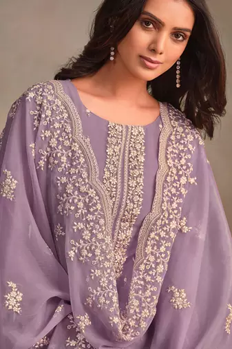 Purple embroidered sequins resham zari work organza salwar kameez