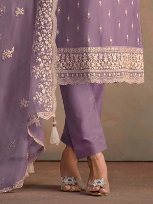 Purple embroidered sequins resham zari work organza salwar kameez 3