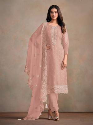 Peach embroidered sequins resham zari work organza salwar kameez 1