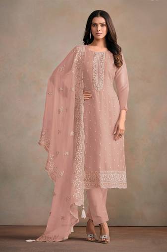 Peach embroidered sequins resham zari work organza salwar kameez