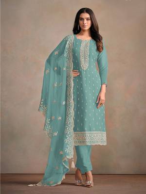 Sky blue embroidered sequins resham zari work organza salwar kameez 1