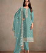 Sky blue embroidered sequins resham zari work organza salwar kameez