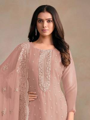 Peach embroidered sequins resham zari work organza salwar kameez 2