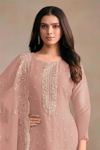 Peach embroidered sequins resham zari work organza salwar kameez