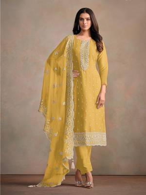 Yellow embroidered sequins resham zari work organza salwar kameez 1