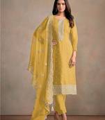 Yellow embroidered sequins resham zari work organza salwar kameez