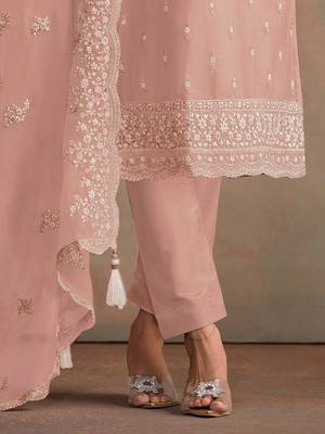 Peach embroidered sequins resham zari work organza salwar kameez 3