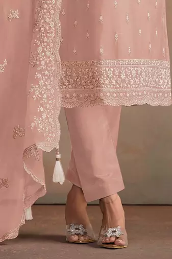 Peach embroidered sequins resham zari work organza salwar kameez