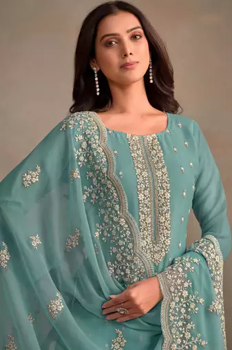 Sky blue embroidered sequins resham zari work organza salwar kameez