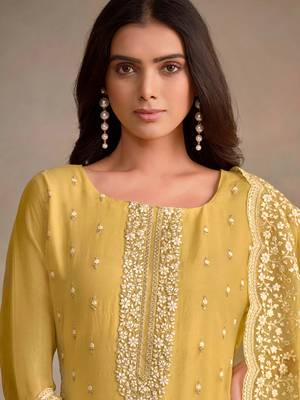 Yellow embroidered sequins resham zari work organza salwar kameez 2