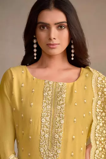 Yellow embroidered sequins resham zari work organza salwar kameez