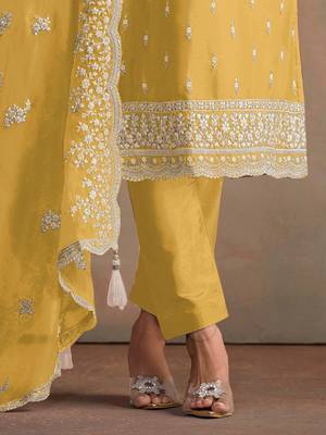Yellow embroidered sequins resham zari work organza salwar kameez 3