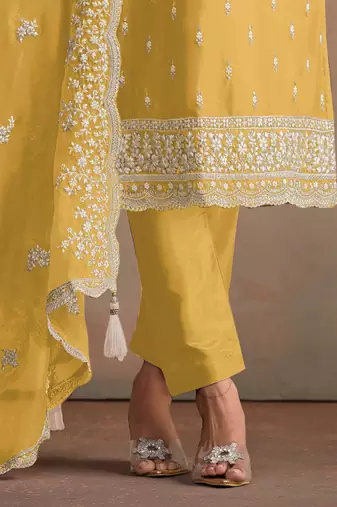 Yellow embroidered sequins resham zari work organza salwar kameez